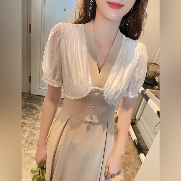 Women Doll Collar Breaded A-Line Elegant Two-Tone Pearl Trim Maxi Dress – Size M - Picture 12 of 13